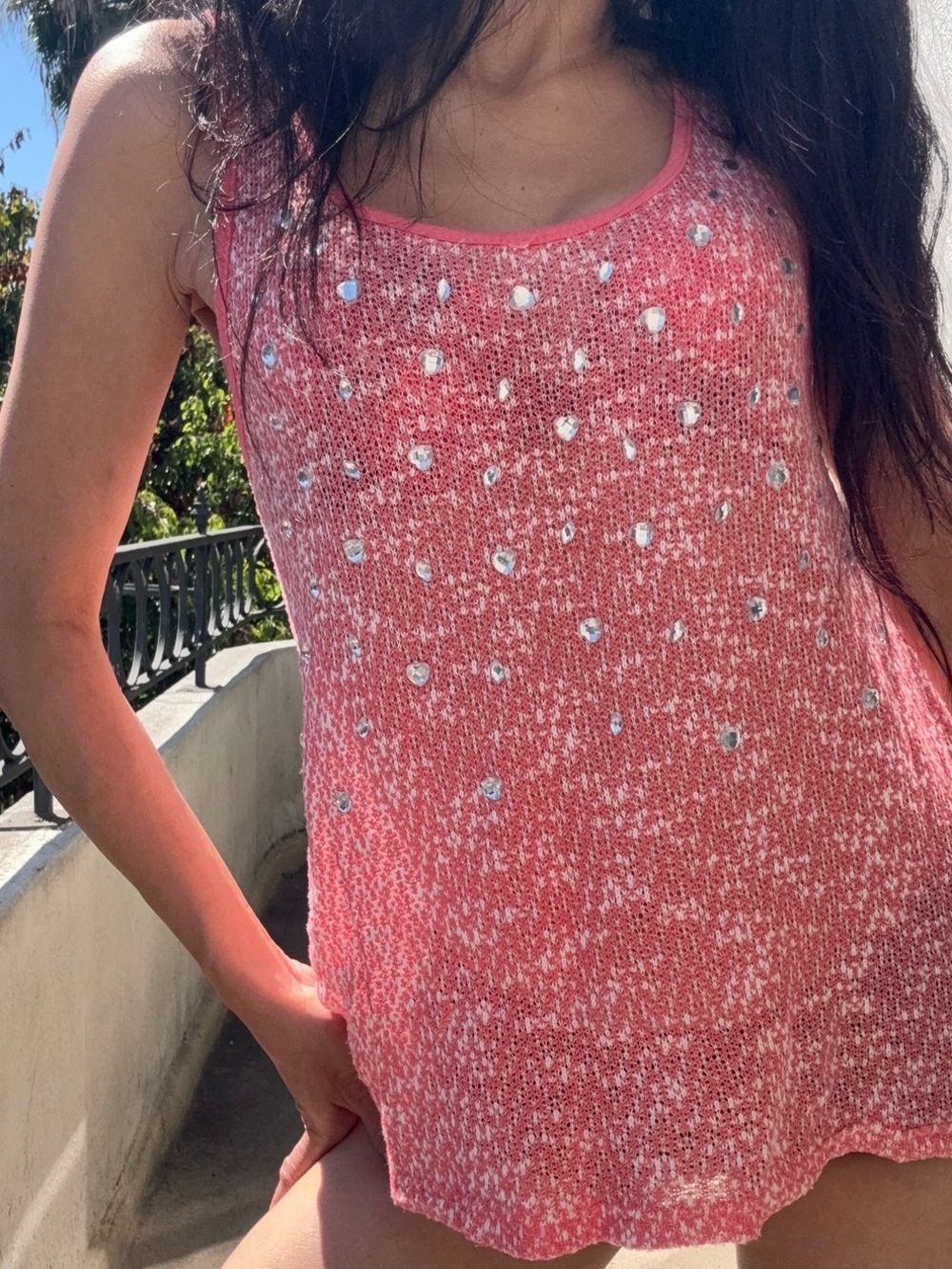 Vintage Y2K Orange Rhinestone Knit Tank Top Coquette Fairycore Babydoll Small